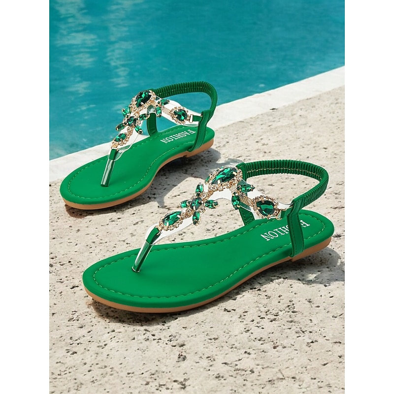 Women's Green Rhinestone Embellished T-Strap Sandals with Elastic Ankle Strap – Elegant Summer Footwear for Beach, Parties, or Casual Wear - Main Image