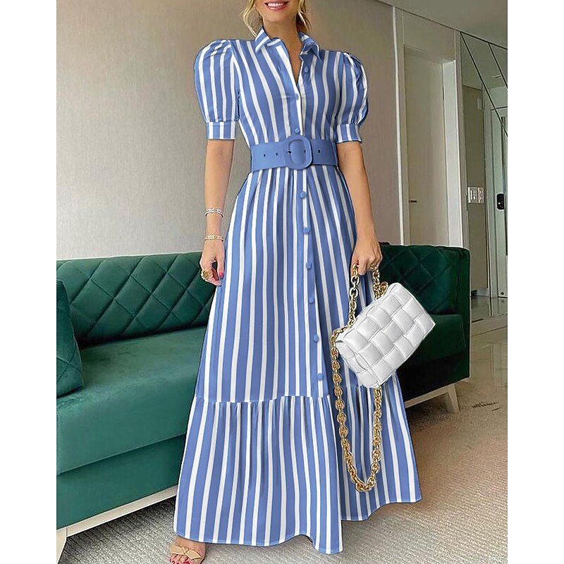 Women's Long Dress Maxi Dress Shirt Dress Casual Dress Summer Dress Stylish Casual Vacation Daily Date Regular Fit Stripe Short Sleeve Lapel White Blue Summer Spring
