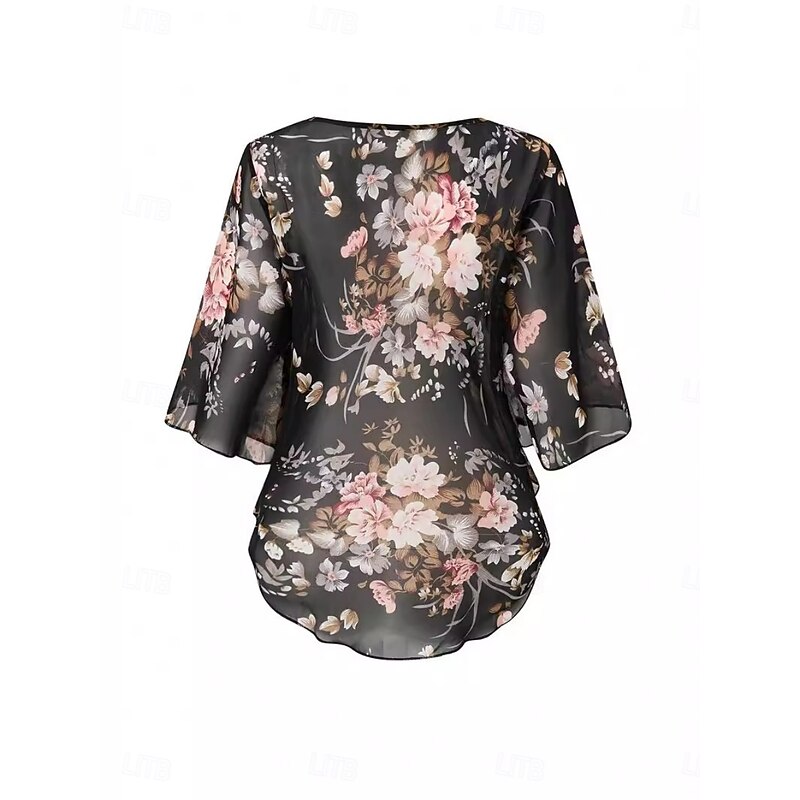 Women's Shirt Blouse Floral Stylish Casual 3/4 Length Sleeve Crew Neck Regular Tops Daily Mesh Print Black Summer4