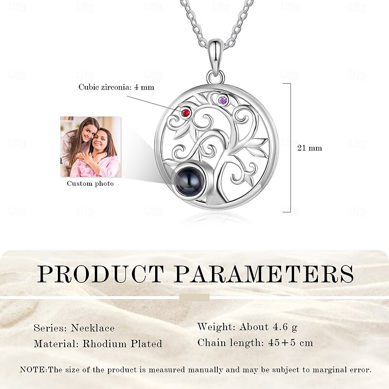 Personalized Round Pendant Necklace Custom Best Gift for Mom – Birthstone & Projection Stone with Photo Engraving, Ideal Wedding Gift for Wife or Girlfriend2