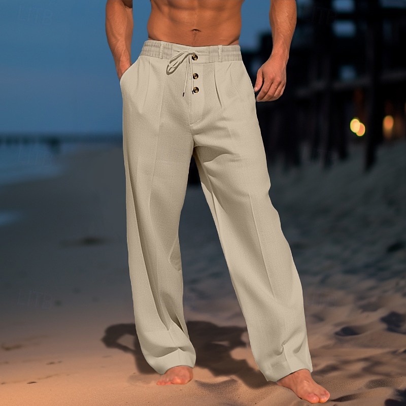 Men's Linen Pants Trousers Summer Pants Gauze Pants Drawstring Elastic Waist Straight Leg Plain Comfort Breathable Full Length Daily Holiday Beach Vacation Fashion White Sky Blue