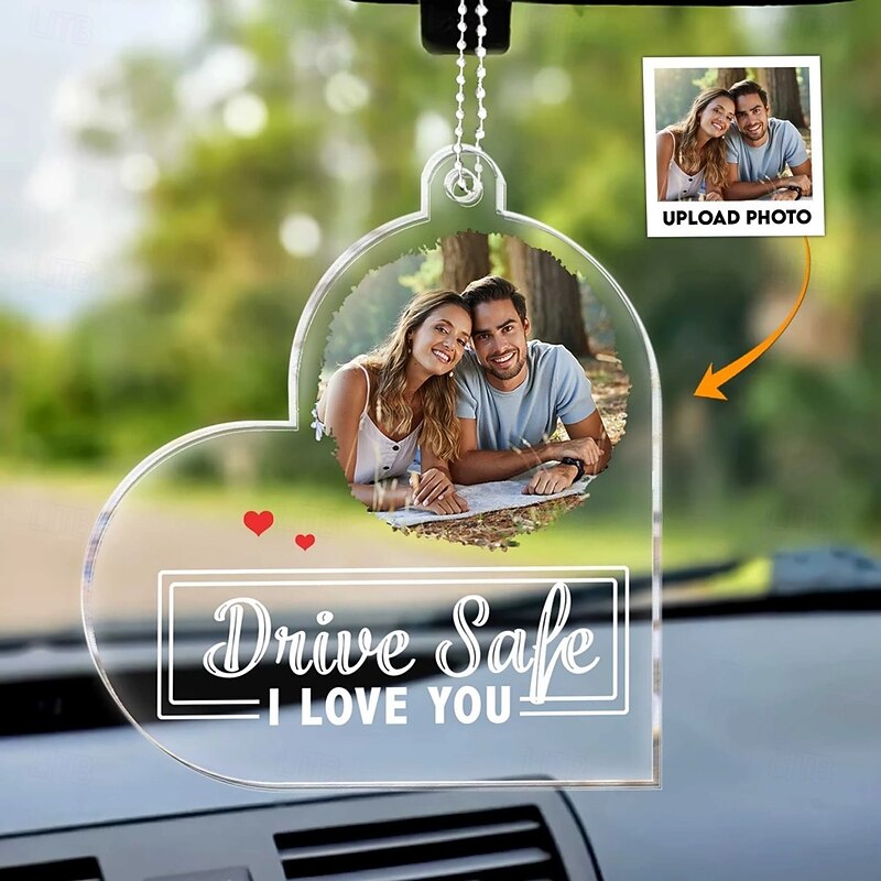 Personalized Car Photo Ornament Custom Best Gift for Dad, Acrylic Rear View Mirror Accessory, Wedding, Anniversary, Father's Day, Mother's Day, I Love You Gift