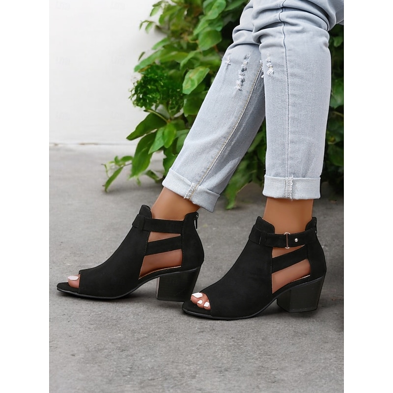 Women's Black Open-Toe Faux Suede Heel Sandals with Cut-Out Design for Work and Evening Wear2