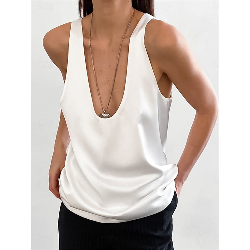 Women's Elegant Dressy Satin Blouse Solid Color Stylish Sexy Casual Sleeveless U Neck Regular Tops Daily Going out Black White Summer Spring
