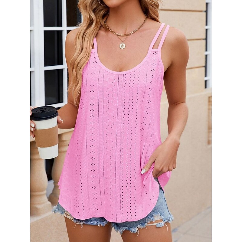 Women's Camisole Tank Top Solid Color Stylish Casual Sleeveless U Neck Regular Tops Daily Eyelet White Yellow Pink Wine Summer3
