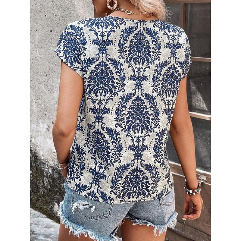 Women's T Shirt Floral Bohemia Vintage Casual Short Sleeve Crew Neck Regular Tops Daily Weekend Navy Blue Brown Summer Spring2