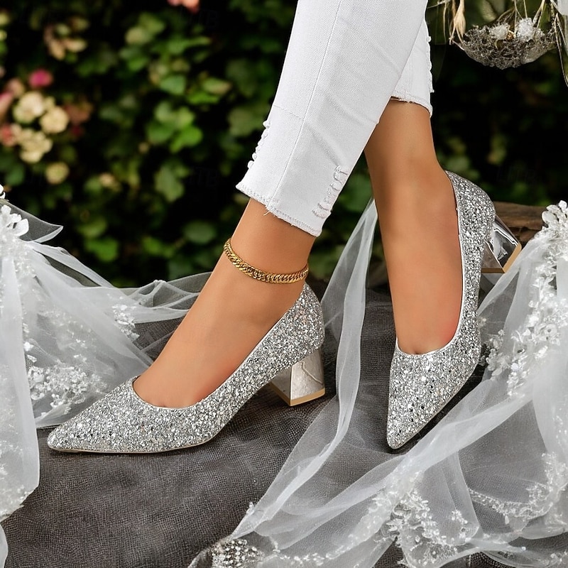 Women's Silver Glitter Pointed-Toe Block Heels – Sparkling Wedding, Party, or Evening Shoes with Metallic Finish2