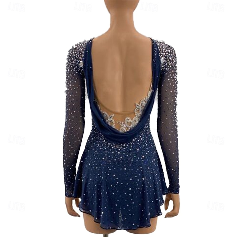 Figure Skating Dress Women's Girls' Ice Skating Dress Navy Blue Patchwork Open Back Mesh Spandex Stretchy Training Practice Professional Skating Wear Crystal / Rhinestone Long Sleeve Figure Skating2