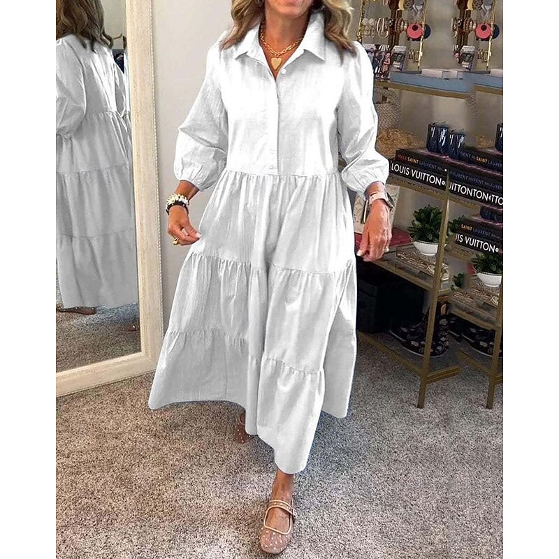 Women's Long Dress Maxi Dress Shirt Dress Summer Dress Stylish Casual Vacation Daily Date Regular Fit Plain Long Sleeve Lapel Black White Blue Purple Summer Spring