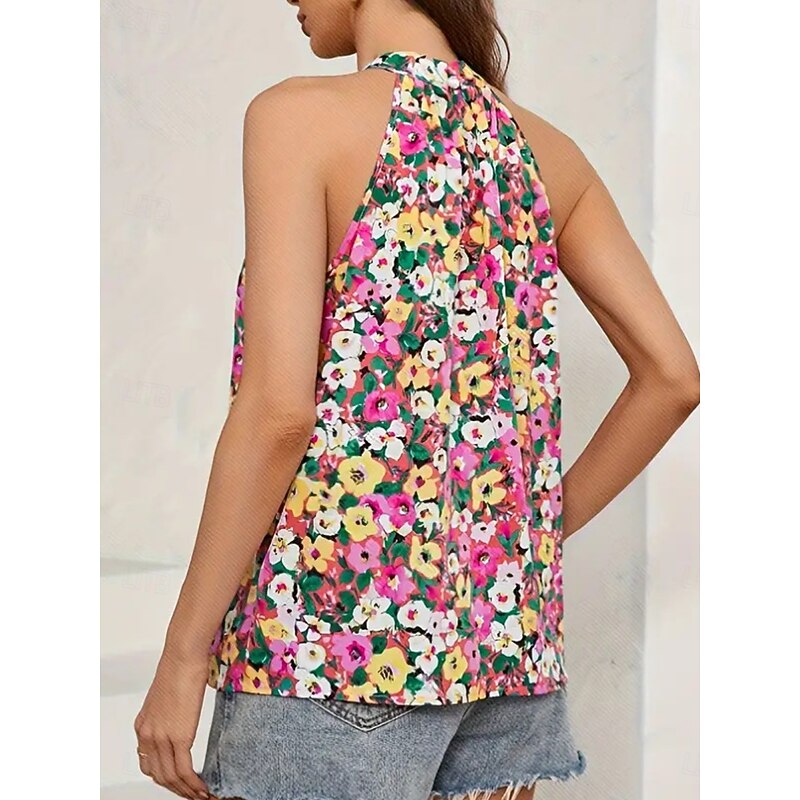 Women's Camisole Tank Top Floral Stylish Casual Sleeveless Halter Neck Regular Tops Daily Print Pink Summer2