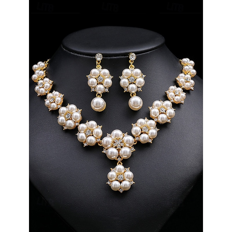 Women's Faux Pearl and Rhinestone Jewelry Set – Elegant Necklace and Earrings for Weddings, Parties and Special Occasions3