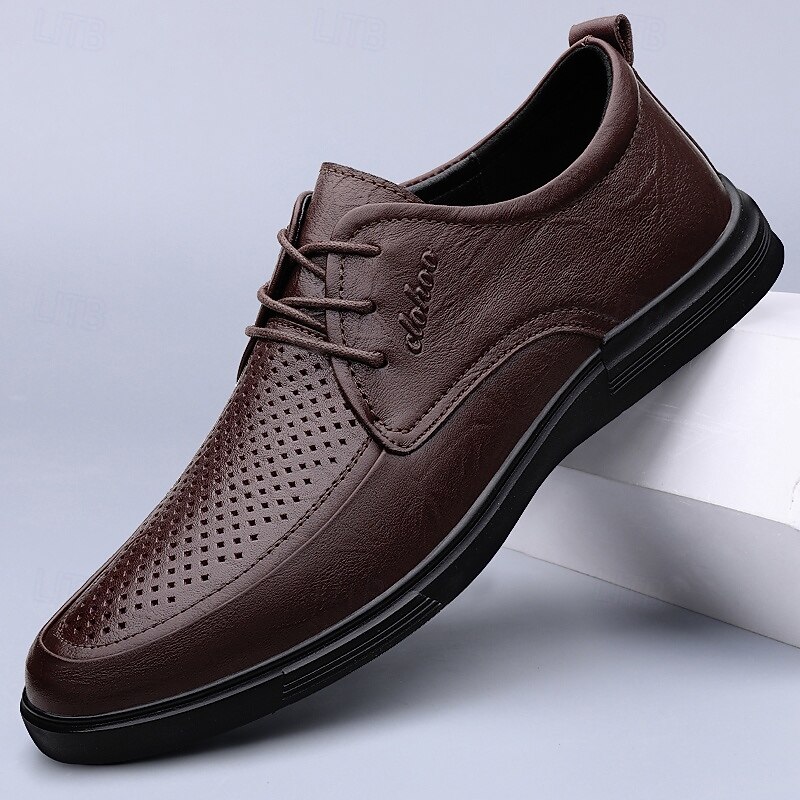 Men's Brown Perforated Leather Lace-Up Shoes – Stylish Casual and Business Shoes for Everyday Wear
