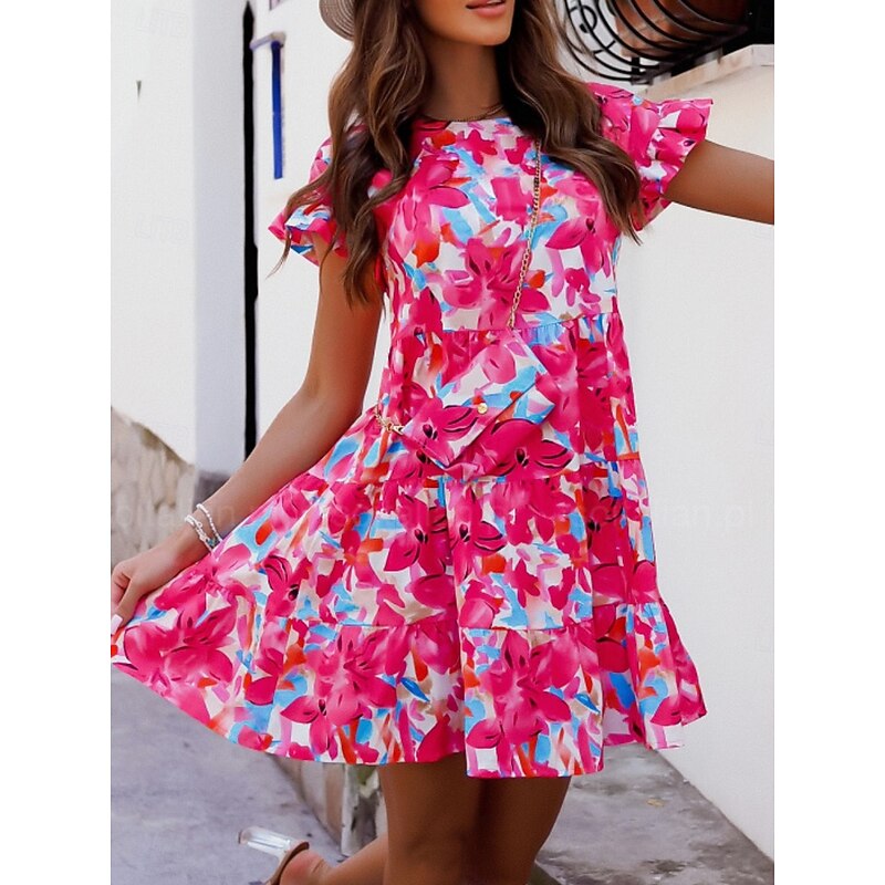 Women's Mini Dress Casual Dress A Line Dress Stylish Casual Vacation Daily Regular Fit Floral Short Sleeve Crew Neck Yellow Blue Fuchsia Summer4