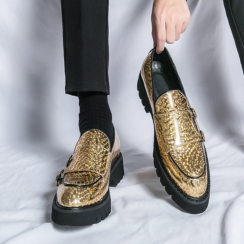Men's Gold Metallic Loafers with Double Buckle and Chunky Sole - Stylish Party Shoes for Formal and Casual Occasions4