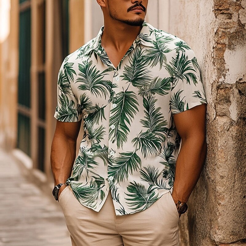 Men's Palm Leaf Tropical Plants Summer Hawaiian Shirt Button Up Shirt Aloha Shirt Short Sleeve Hawaiian Resort Vacation Holiday Beach Wear Summer Spring Turndown 3D Print Collared Shirts Beige