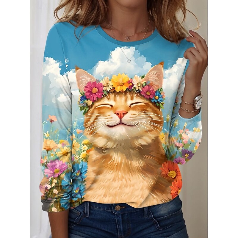 Women's T shirt Crew Neck Long Sleeve Tunic Floral Cat Casual  Regular Tops Daily Print Blue Spring Fall