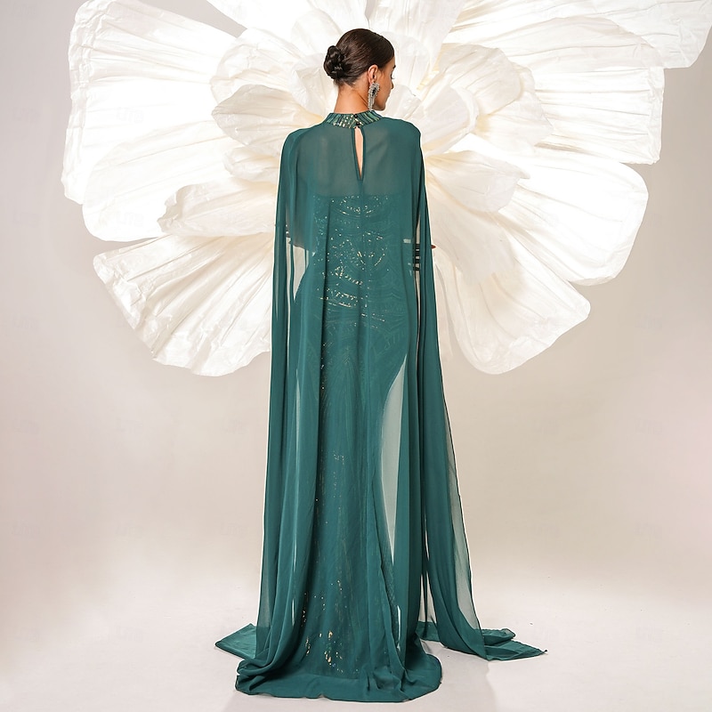 Mermaid / Trumpet Evening Gown Elegant Dress Carnival Evening Party Floor Length Sleeveless with Chiffon Cape Sweetheart with Glitter4