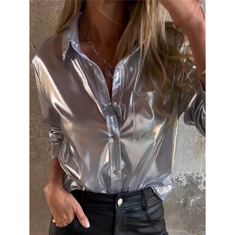 Women's Shirt Velvet Elegant Dressy Solid Color Stylish Fancy Long Sleeve Shirt Collar Regular Tops Wedding Guest Going out Buttons Silver Beige Summer Spring2