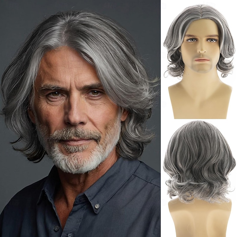 Mens Grey Wig Short Wavy Bob Wig Synthetic Cosplay Party Replacement Hair Wig2