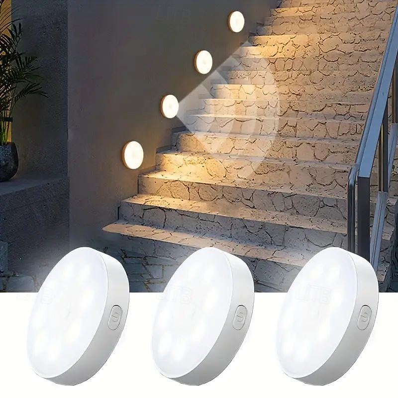 3PCS Motion Sensor Step Lights, Cabinet Light, USB Rechargeable Dimmable Night Lamps with 8 LEDs for Wardrobe, Bedroom & Bathroom
