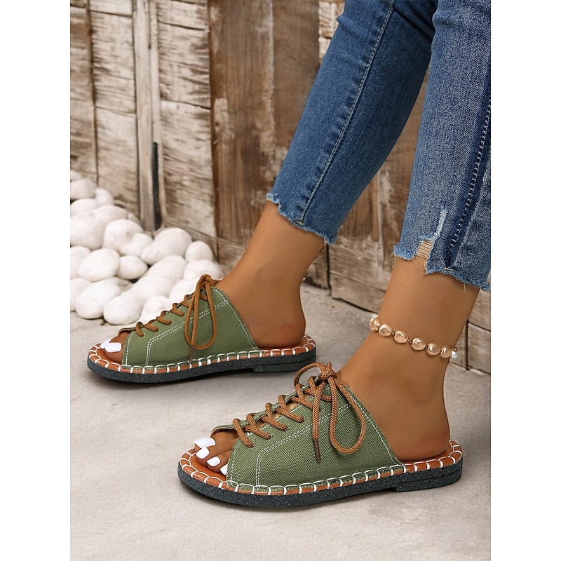 Women's Green Open-Toe Lace-Up Canvas Sandals with Hand-Stitched Sole – Casual and Comfortable for Summer, Travel and Outdoor Activities3