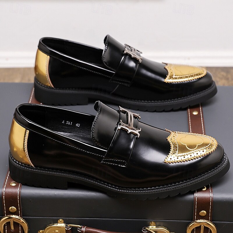 Men's Black and Gold Slip-On Loafers with Decorative Buckle and Brogue Detailing – Stylish Formal Shoes for Office and Special Occasions3