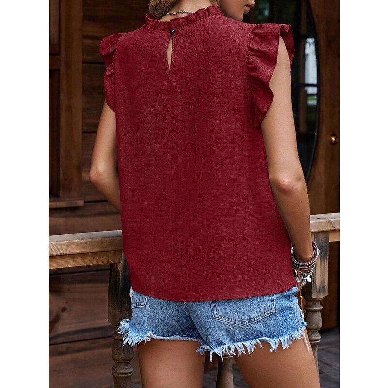 Women's Linen-Inspired Shirts T Shirt Plain Fashion Modern Casual Short Sleeve Turtleneck Regular Tops Daily Weekend Ruffle Black Wine Summer Spring4