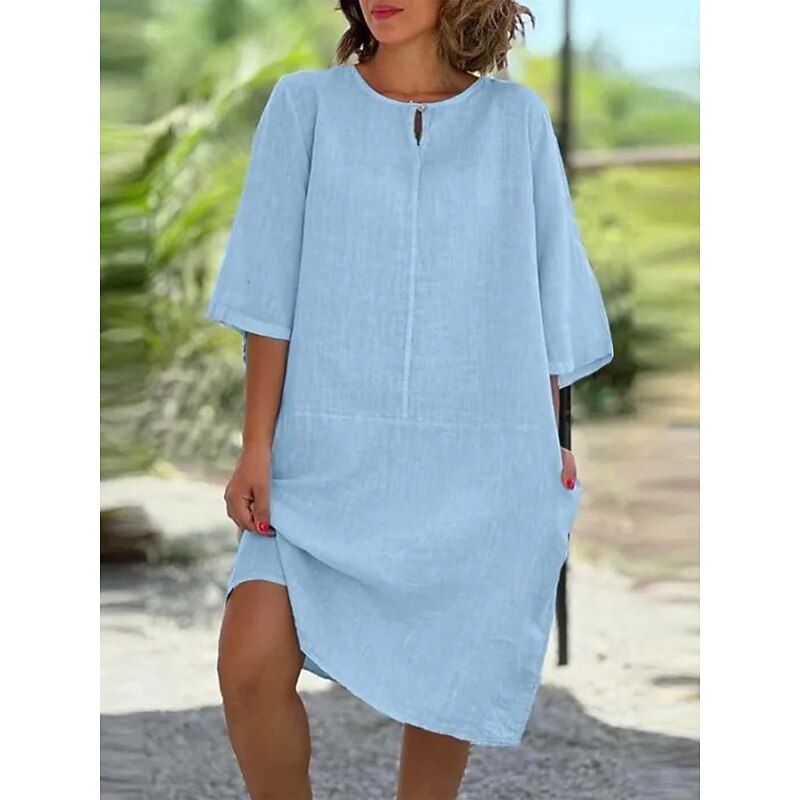 Women's Mini Dress Cotton Linen Dresses Casual Dress Basic Casual Vacation Daily Regular Fit Plain 3/4 Length Sleeve Crew Neck Yellow Wine Gray Light Blue Summer