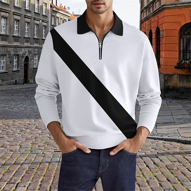 Men's Color Block Rugby Polo Long Sleeve Polo Shirts Quarter Zip Fashion 3D Print Modern Daily Holiday Going out Patchwork Spring &  Fall White Yellow Red