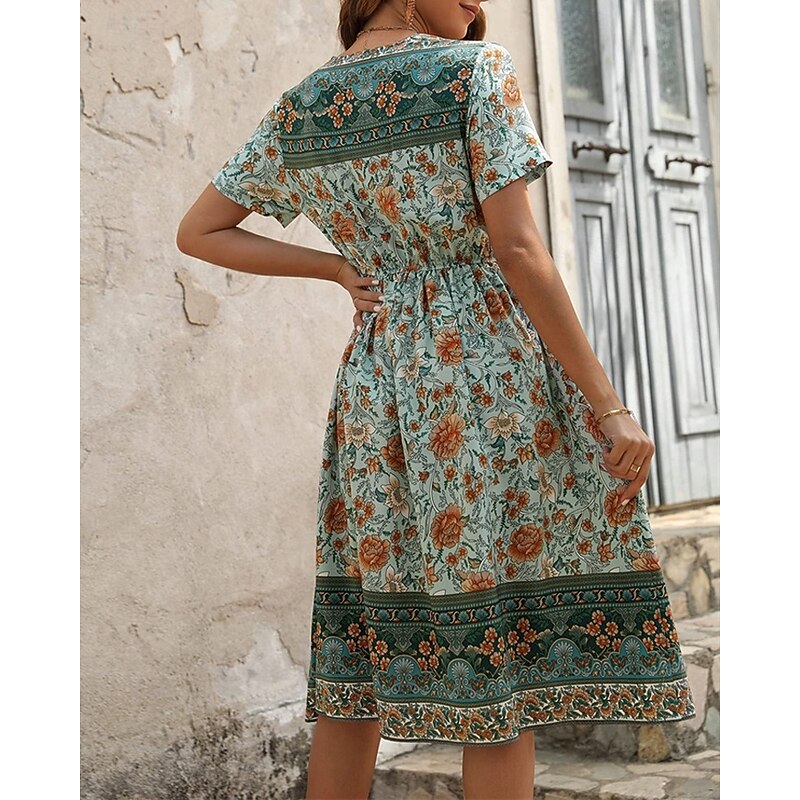 Women's Long Dress Maxi Dress Casual Dress A Line Dress Summer Dress Boho Dress Elegant Hawaiian Stylish Vacation Daily Date Regular Fit Floral Short Sleeve V Neck Green Summer3