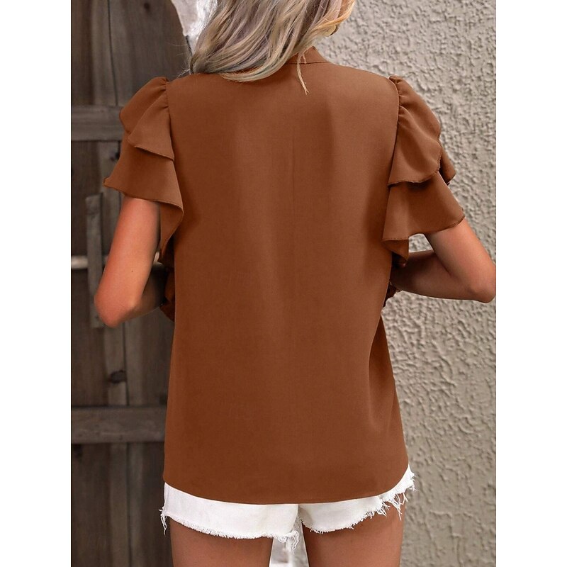 Women's Shirt Blouse Solid Color Elegant Stylish Casual Short Sleeve Notched Neck Regular Tops Daily Ruffle Brown Green Summer Spring2