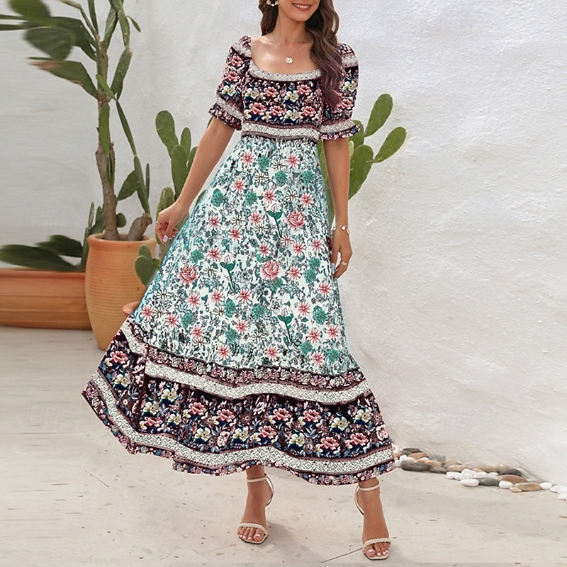 Women's Long Dress Maxi Dress Casual Dress A Line Dress Summer Dress Boho Dress Elegant Stylish Ethnic Vacation Daily Date Regular Fit Floral Short Sleeve Off Shoulder Light Green Red Blue Green3