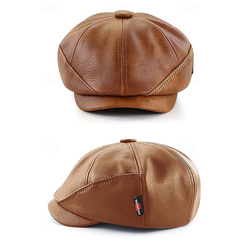 Men's Vintage Faux Leather Newsboy Cap – Retro Gatsby Style Flat Hat with Stitched Details for Casual, Formal or Outdoor Wear3