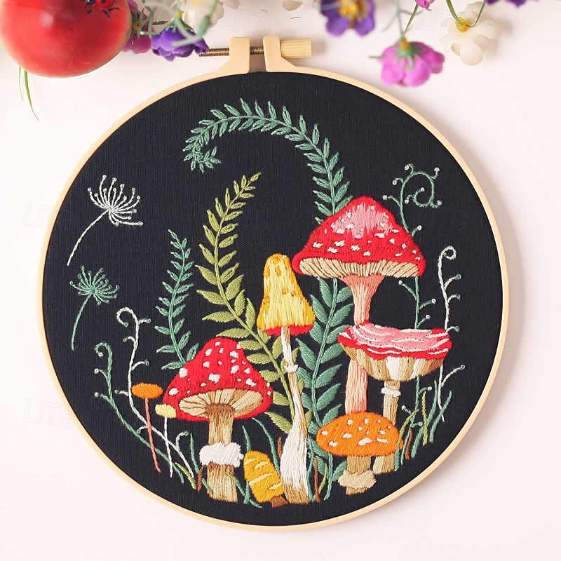 Mushroom Embroidery Starter Kit with Instructions and Patterns Mushroom Cross Embroidery Set for Adults Kids Beginners Include Mushroom Pattern Cloth, Embroidery Hoop, Threads and Needles4