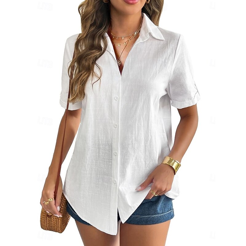 Women's Shirt Cotton Linen Shirts Button Up Blouse Solid Color Stylish Casual Short Sleeve Shirt Collar Regular Tops Daily Buttons White Blue Summer Spring