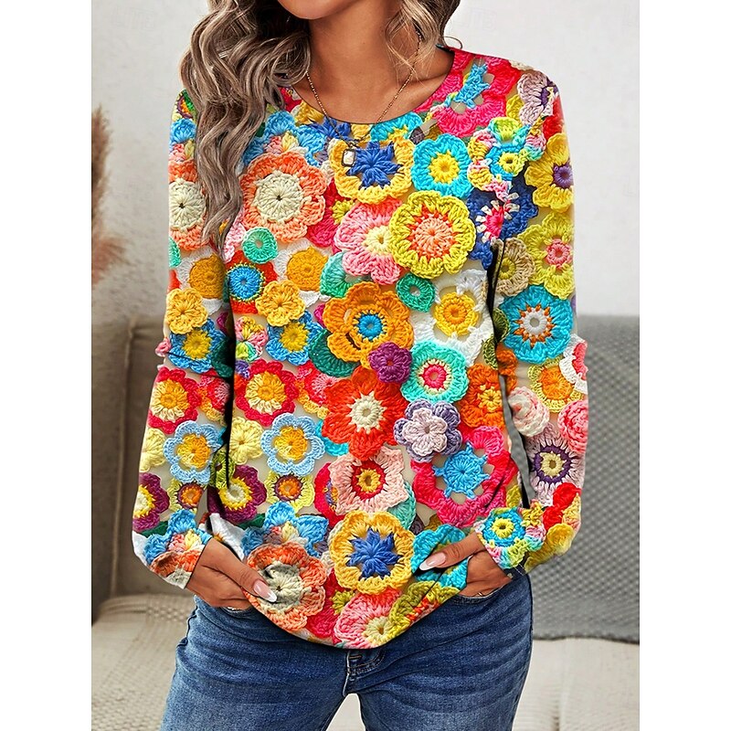 Women's T shirt Crew Neck Long Sleeve Tunic Graphic Casual  Regular Tops Daily Print Orange Spring Fall3