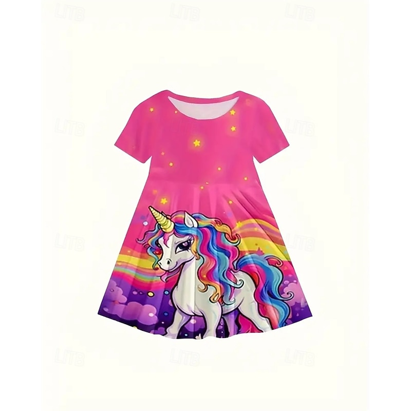 Girls' 3D Graphic Unicorn Dress Short Sleeve Summer Spring Vacation Daily Holiday Princess Beautiful Sweet Kids 4-12 Years Casual Dress A Line Dress Knee-length Regular Fit2
