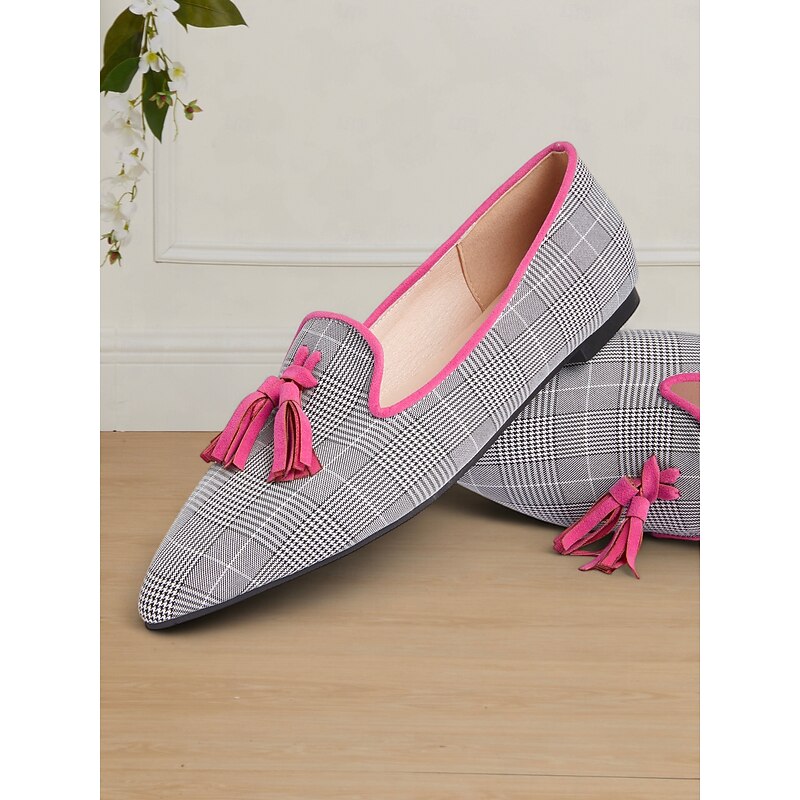Women's Pink / Grey Plaid Tassel Loafers – Chic Vintage-Style Flats for Work and Casual Wear2