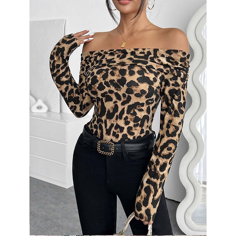 Women's Dressy Tops Stylish Long Sleeve Off Shoulder Regular Tops khaki Summer Spring