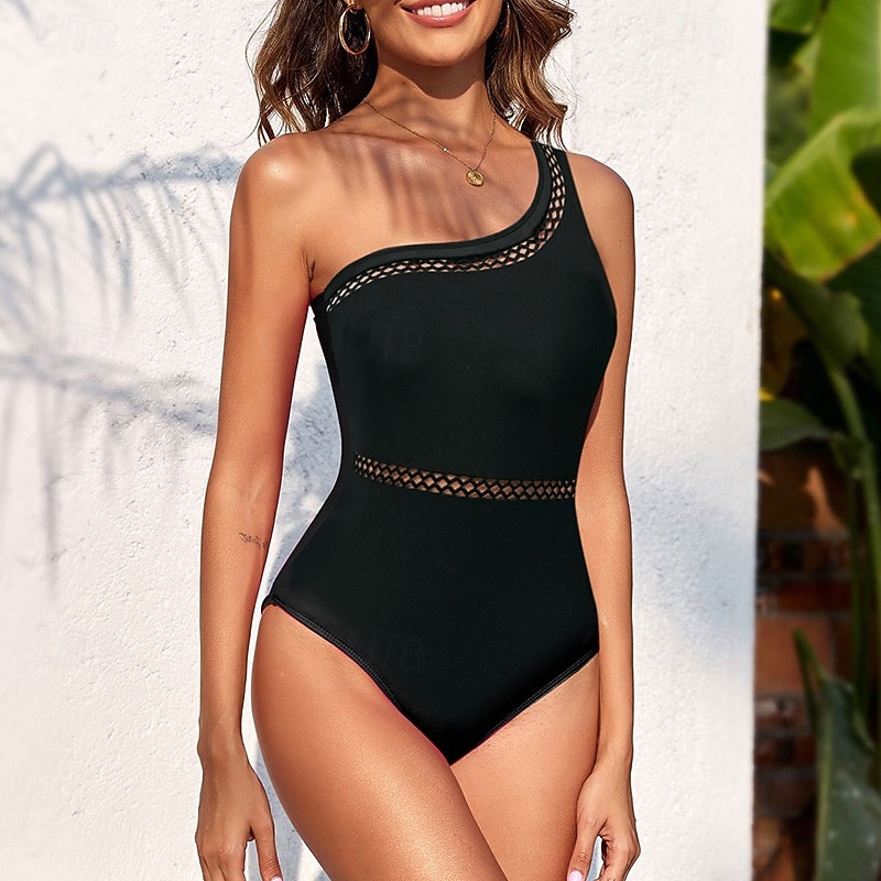 Women's One Piece Swimsuit One Shoulder Swimwear Solid Colored Swimwear Black Breathable Quick Dry Lightweight Sleeveless - Swimming Surfing Beach Summer Spring3
