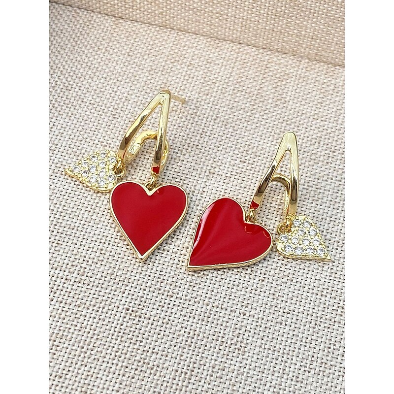 Red and Gold Heart Drop Earrings with Rhinestone Detailing – Romantic Jewelry for Women, Perfect for Valentine's Day or Date Nights