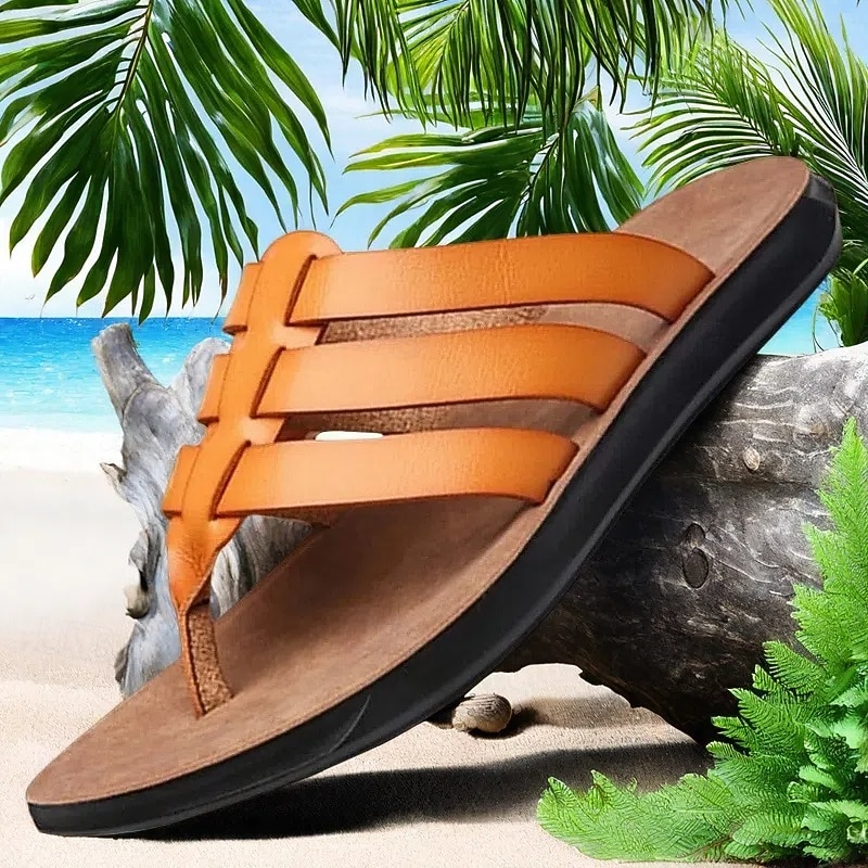 Men's Casual Faux Leather Flip-Flop Sandals – Comfortable Slip-On Thong Style with Strappy Design for Summer Beachwear and Daily Use