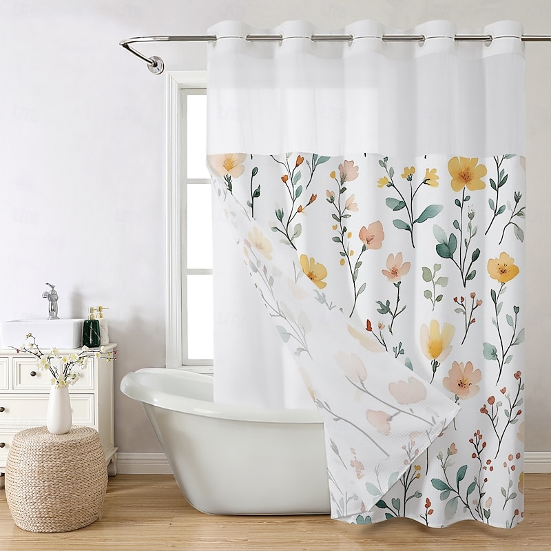 Flower Waffle-Weave Textured Shower Curtain Set with Snap-in Liner and Sheer Window Water-Repellent Polyester Grommet Top,120GSM Hotel Quality Spa Style Bathroom Partition No Hooks Required2