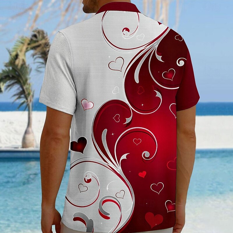 Valentine's Day Men's Heart LOVE Floral Shirt Button Up Shirt Short Sleeve Fashion Casual Vacation Gift Holiday Summer Fall Turndown 3D Print Pink Red Blue Purple Green2