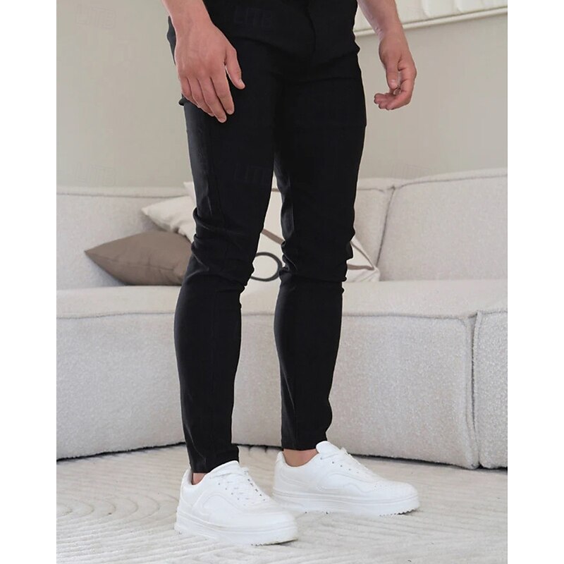 Men's Skinny Trousers Chinos Buttons Pocket Plain Comfort Formal Work Daily Fashion Classic Style Black Khaki Micro-elastic2