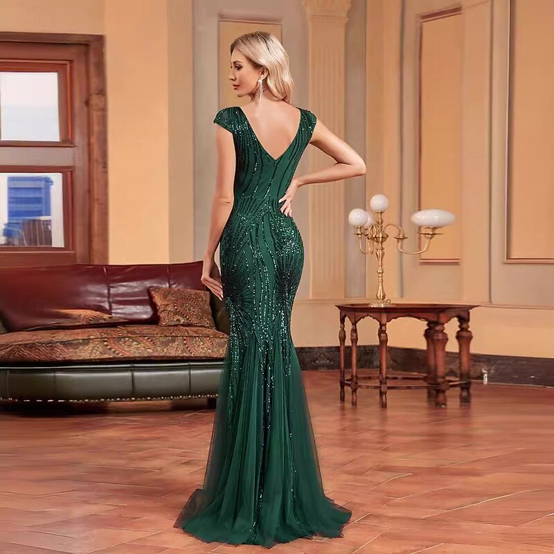 Mermaid / Trumpet Evening Gown Glittering Dress Formal Wedding Floor Length Short Sleeve V Neck Tulle with Rhinestone Glitter3