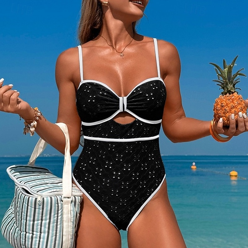 Women's One Piece Swimsuit Deep V Cut Out Swimwear Patchwork Swimwear Black White Breathable Quick Dry Lightweight Sleeveless - Swimming Surfing Beach Summer Spring4