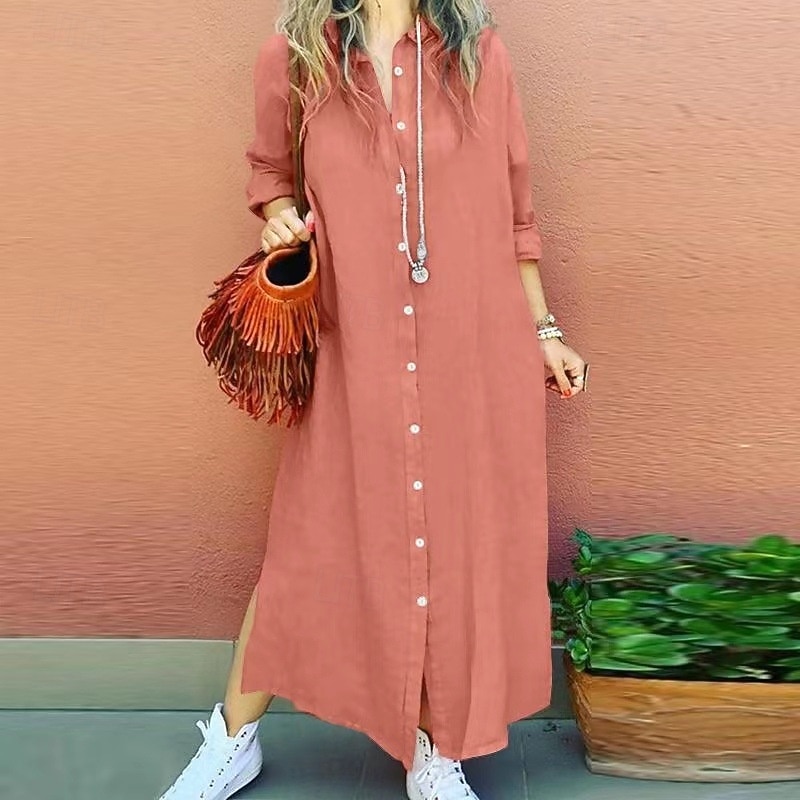 Women's Long Dress Maxi Dress Linen-Inspired Dresses Shirt Dress Casual Dress Stylish Casual Vacation Daily Date Regular Fit Plain Long Sleeve Lapel Red Khaki Dark Blue Summer Spring
