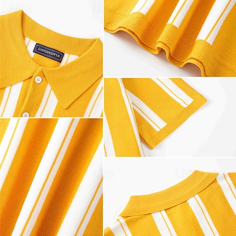 Men's Button Up Polos Golf Shirt Casual Sports Lapel Short Sleeve Fashion Basic Stripes Patchwork Buttons Summer Yellow Button Up Polos4