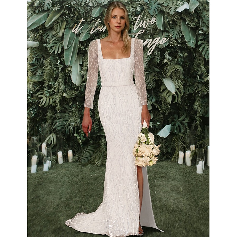 Wedding Dresses Mermaid / Trumpet Square Neck Detachable Sleeve Beaded Lace Applique Sleeveless Court Train Lace Bridal Suits Bridal Gowns With High Slit2